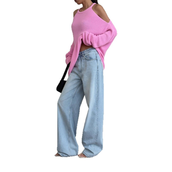 Casual knitted pullover for women with an open shoulder design and soft ribbed pattern Lune London
