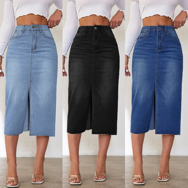 Women's Midi Denim Skirt with Side Slit Lune London