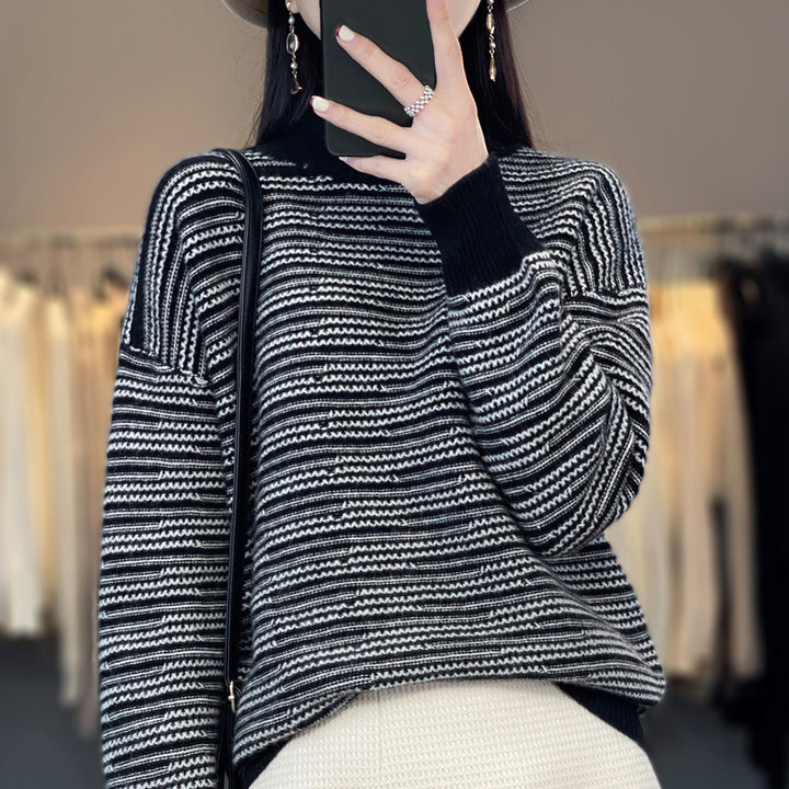 Pull en tricot pour femmes avec un motif à rayures moderne et des trous pour les pouces confortables Lune London