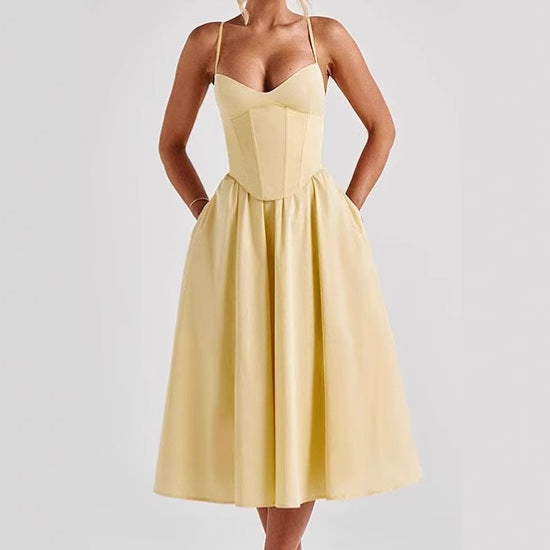 Elegant midi dress for women with integrated bustier and voluminous skirt Lune London