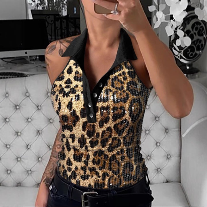 Women Sequin Leopard Print Polo Shirt Lune London