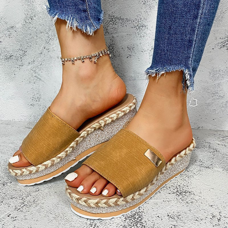 Platform sandals for women with woven rattan detail and comfortable sole Lune London
