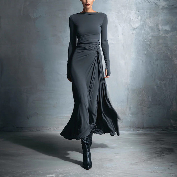 Women's elegant evening dress with long sleeves and wrap design Lune London