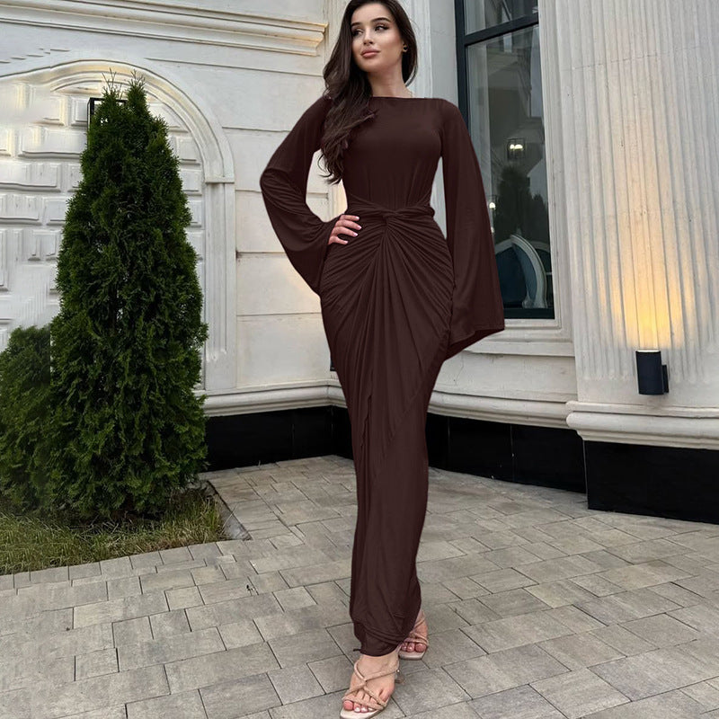 Lune London Elegant maxi dress for women with curved hem and casual batwing sleeves