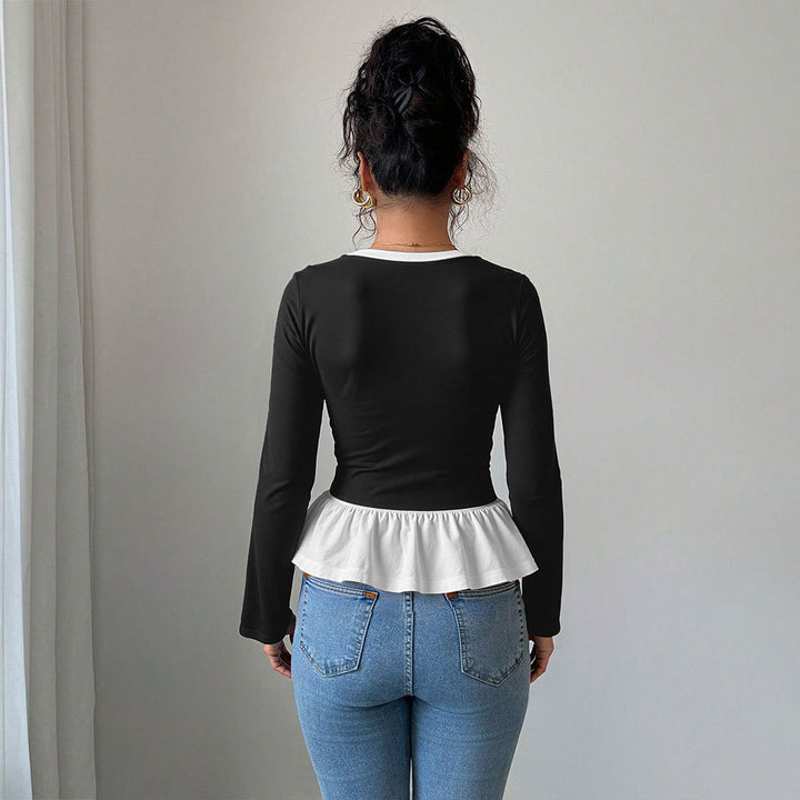 Chemise à manches longues pour femmes avec ourlet volanté et décolleté en V profond Chic & Stil