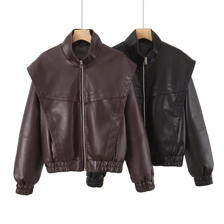 Elegant faux leather jacket for women with high collar Lune London