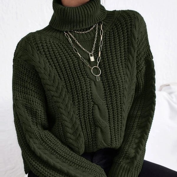 Knitted sweater for ladies with high collar and ribbed knitting details Lune London