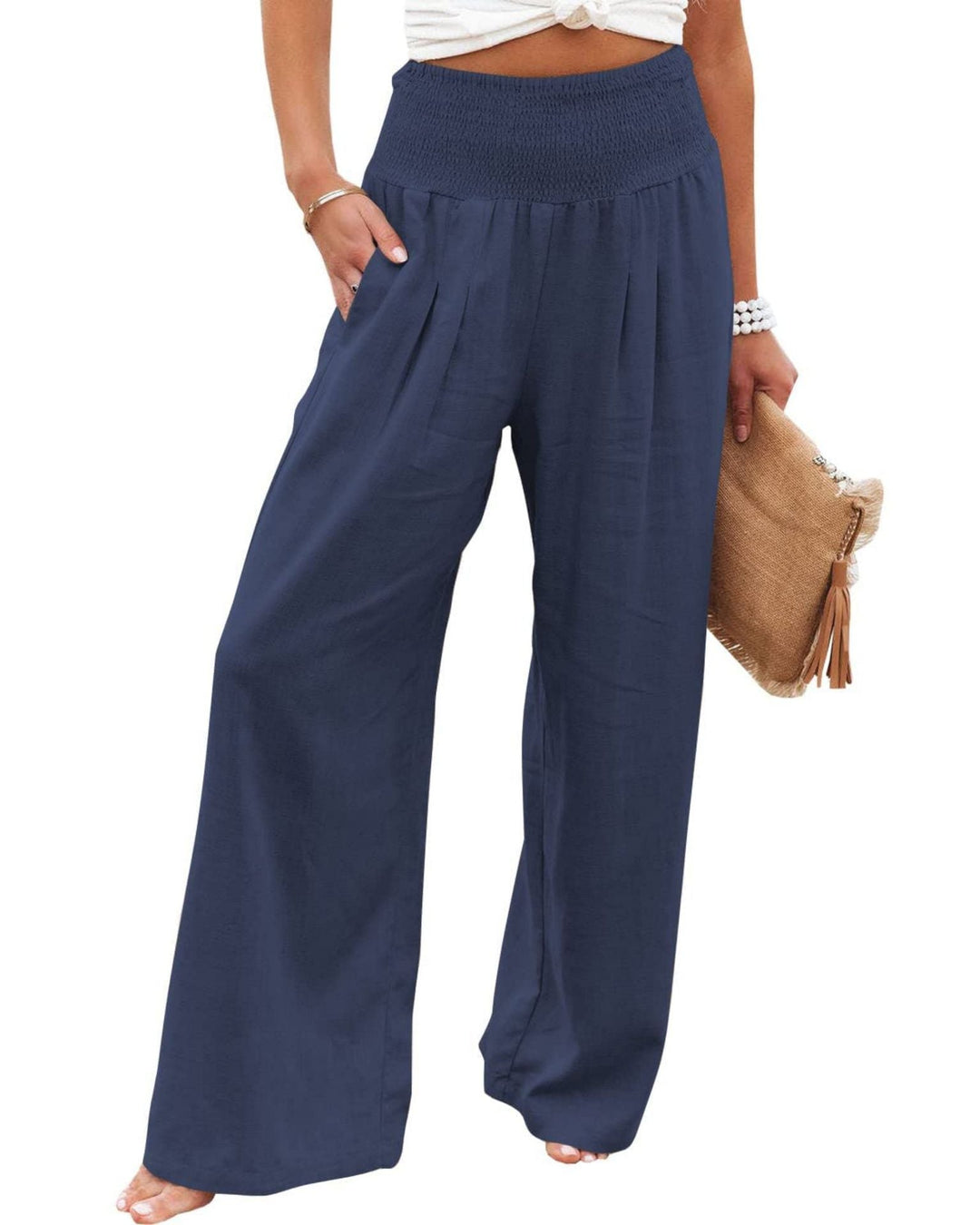 Women's Wide Linen Trousers with Elastic Waistband and Pleats Lune London