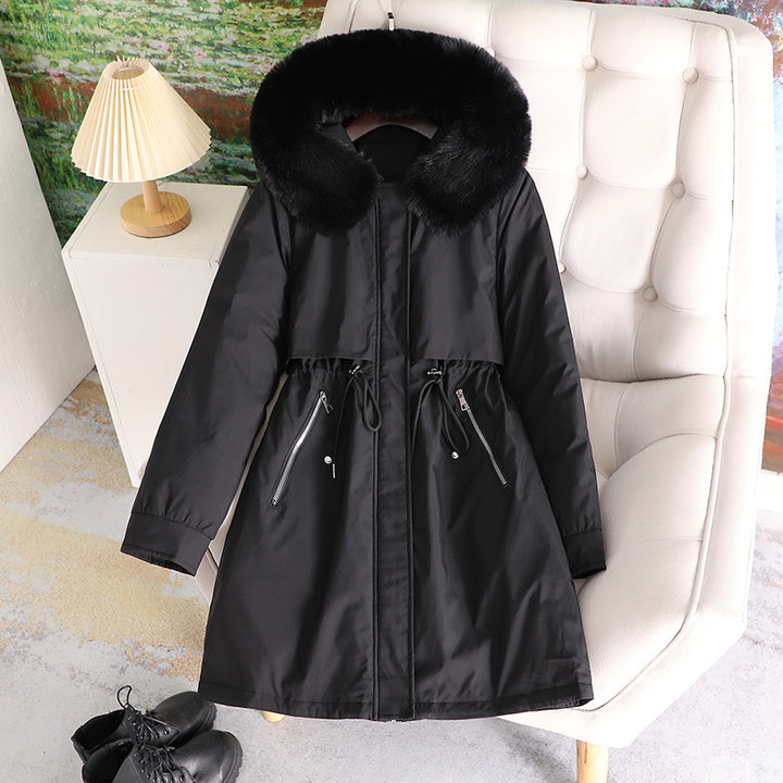 Ladies elegant winter coat with removable faux fur collar and adjustable drawstring at the waist Lune London