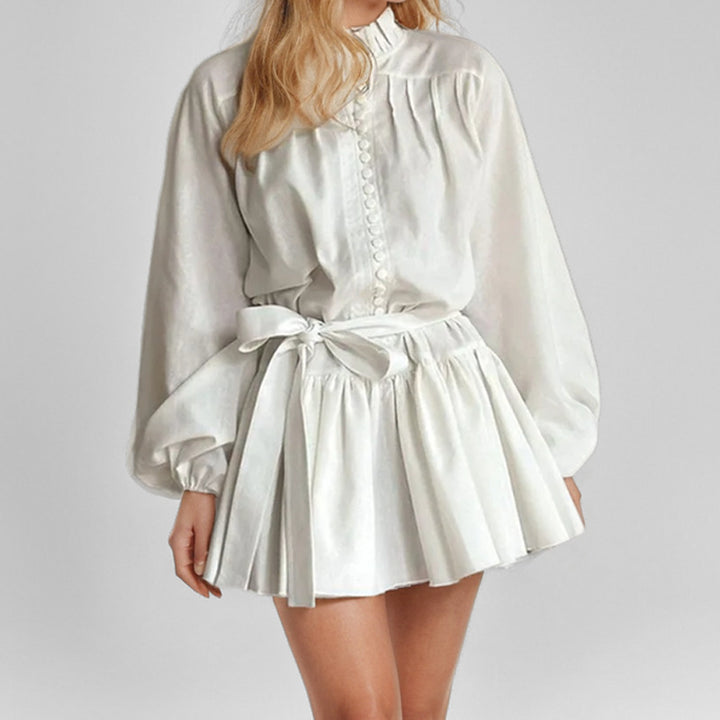 Puff sleeve shirt dress for ladies with ruffle details and a fitted belt Lune London