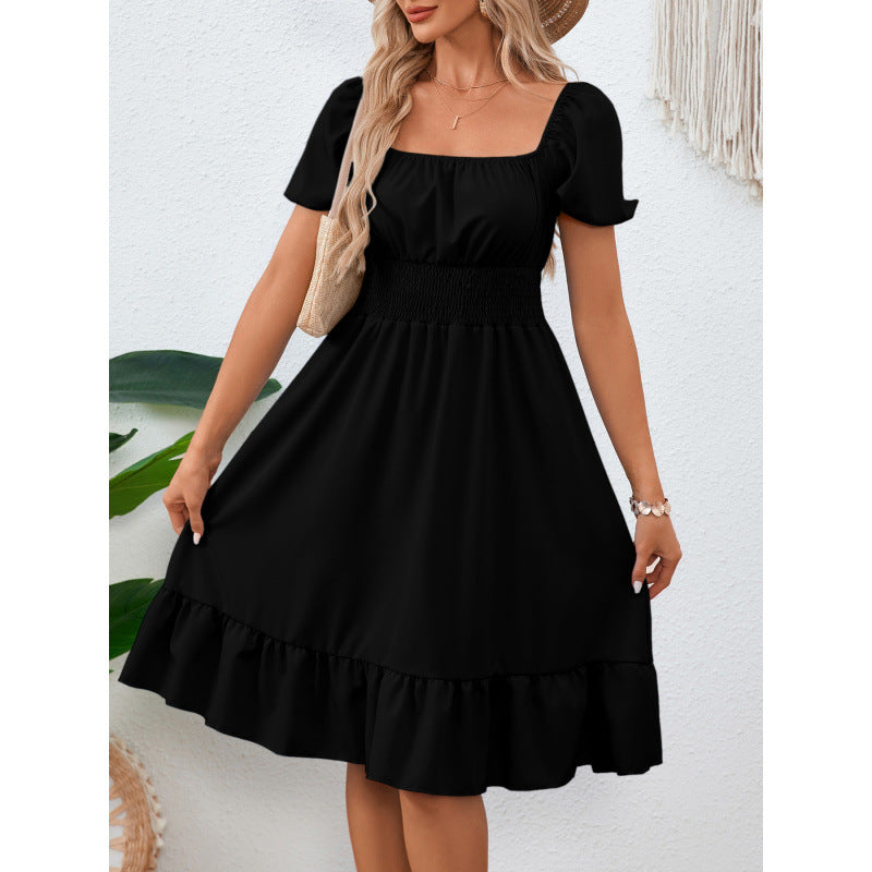 Square-necked smocked A-line dress for women with ruffled hem Lune London