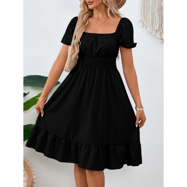 Square-necked smocked A-line dress for women with ruffled hem Lune London