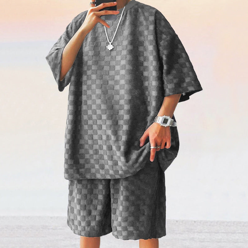 Casual men's outfit with checked pattern t-shirt and shorts Lune London