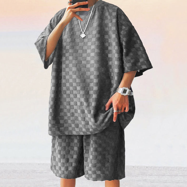Casual men's outfit with checked pattern t-shirt and shorts Lune London