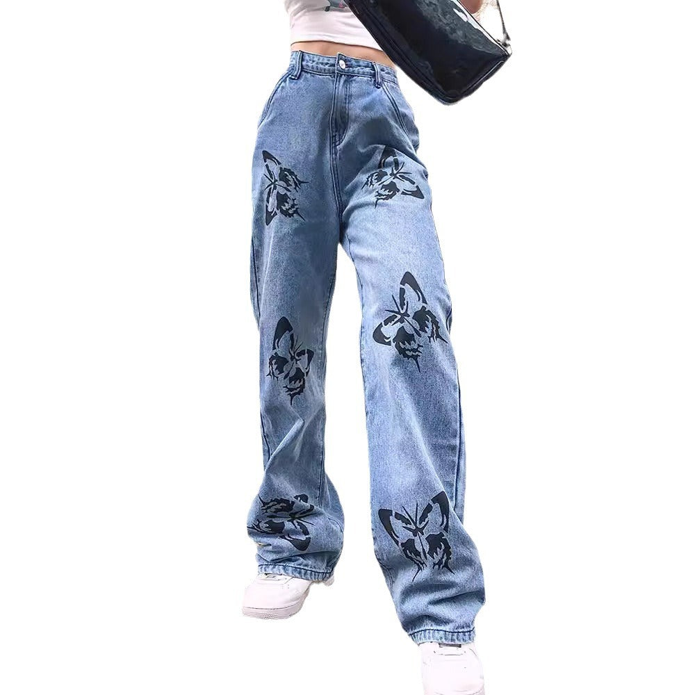 Ladies wide jeans with eye-catching butterfly print Lune London