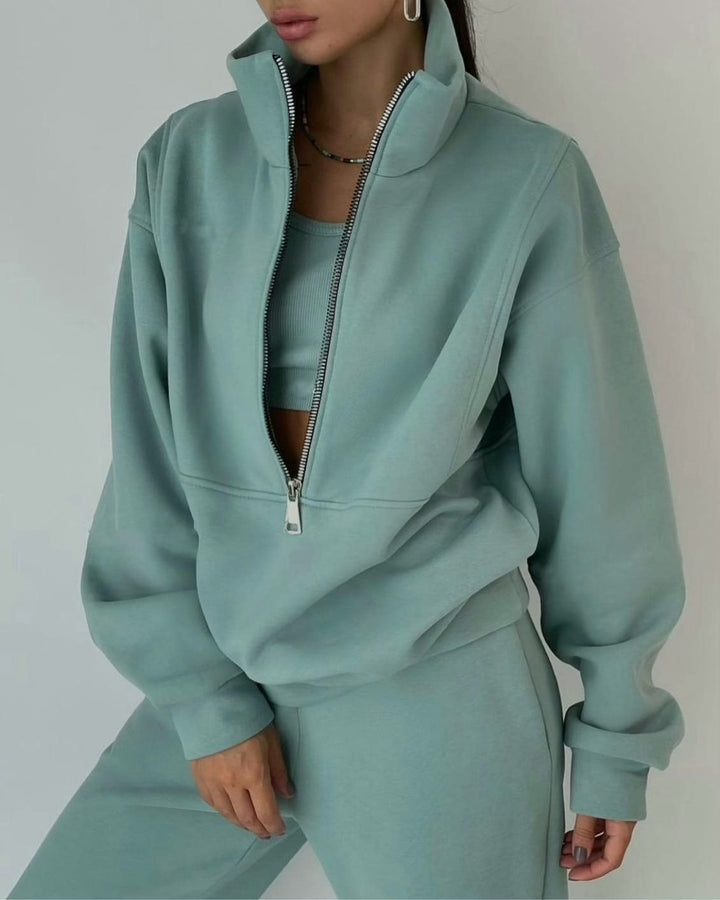 Ladies high-quality zip sweater with high collar and soft interior Lune London