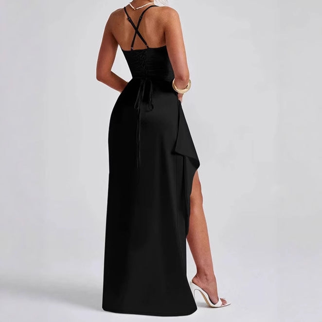 Ladies Elegant Maxi Dress with Side Slit and Chic Thin Spaghetti Straps