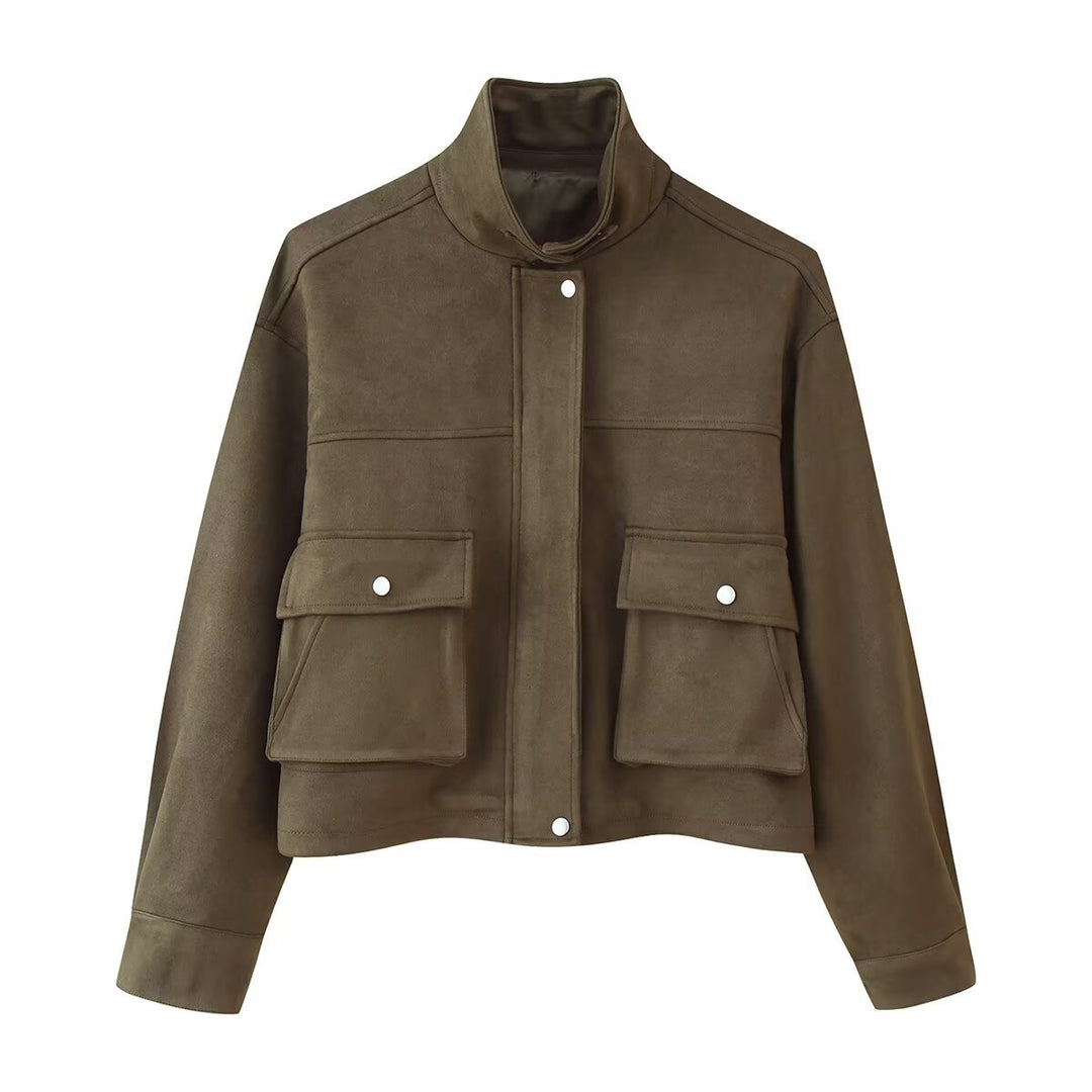 Suede jacket with high collar and practical pockets for ladies Lune London