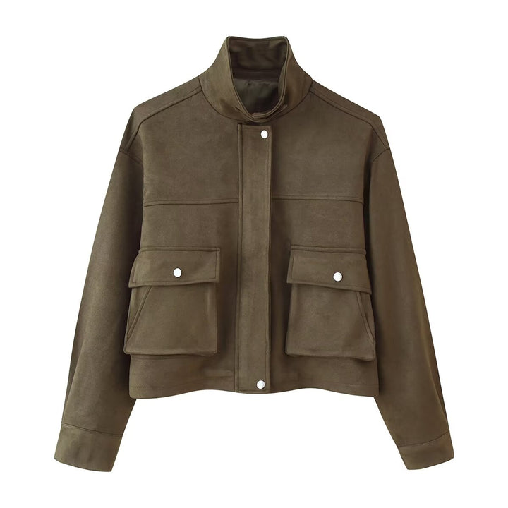 Suede jacket with high collar and practical pockets for ladies Lune London
