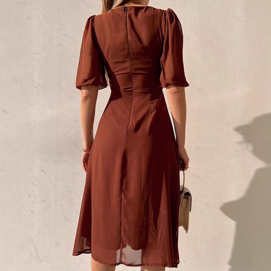 Women's Elegant Maxi Dress with Puff Sleeves and Deep Slit Lune London