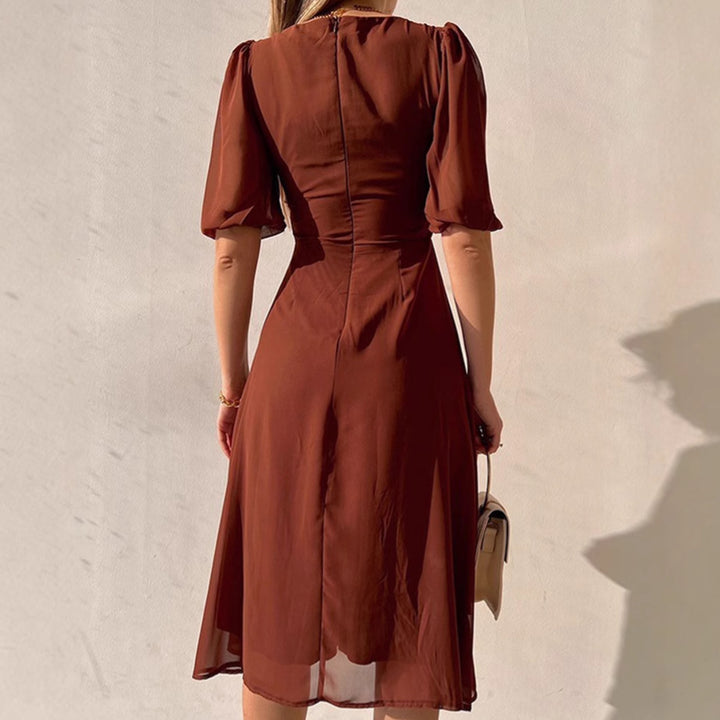 Women's Elegant Maxi Dress with Puff Sleeves and Deep Slit Lune London