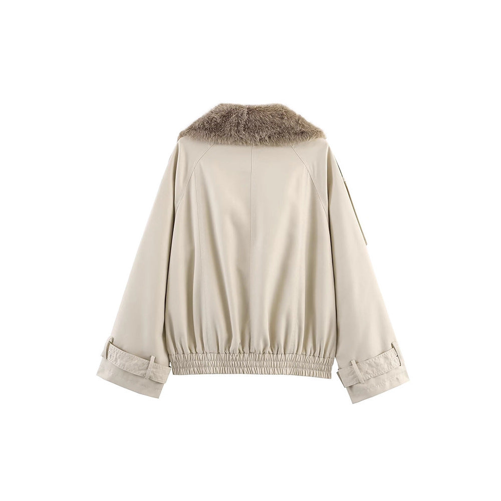 Ladies trendy transition jacket with removable fur collar and decorative buttons Lune London