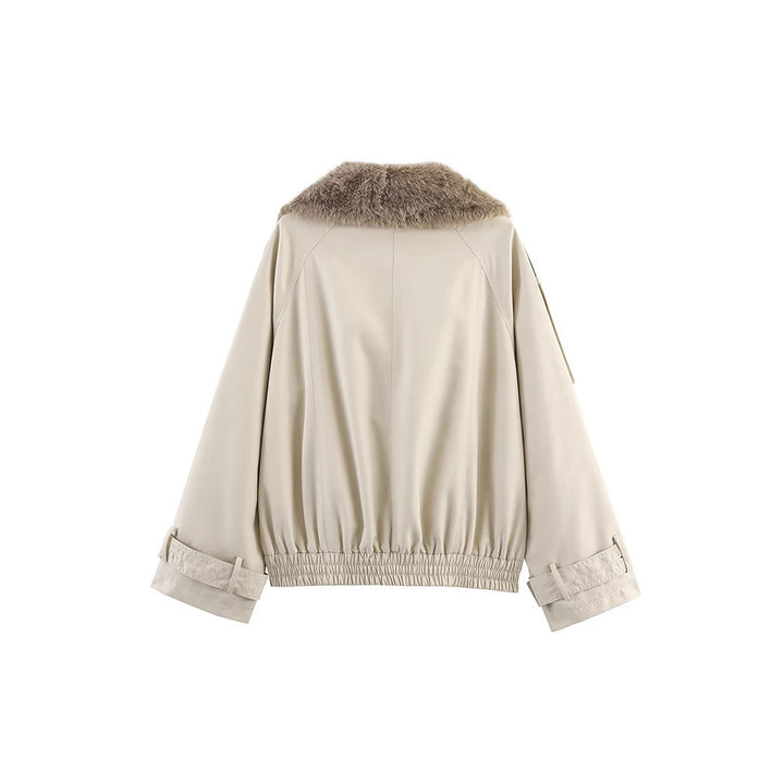 Ladies trendy transition jacket with removable fur collar and decorative buttons Lune London