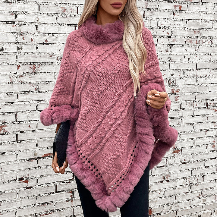 Ladies cozy knit poncho with plush velvet trim Lune London