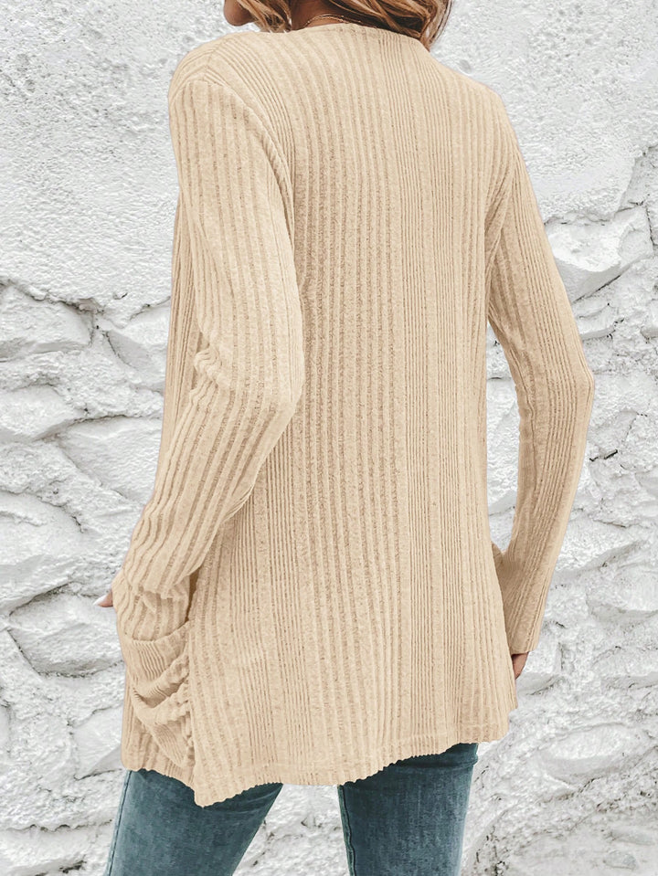 Long women's cardigan with a fine rib structure and practical pockets Lune London