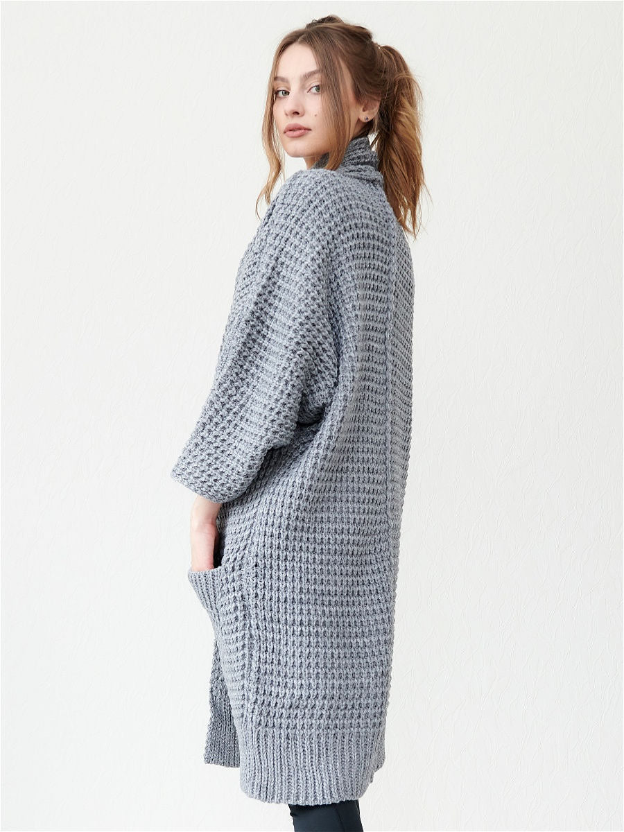 Ladies chunky knit cardigan with open fronts and practical pockets Lune London
