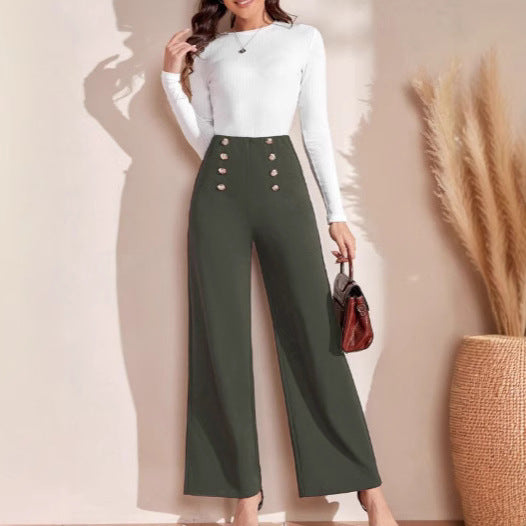 High-waisted wide-leg pants for women with decorative buttons Lune London