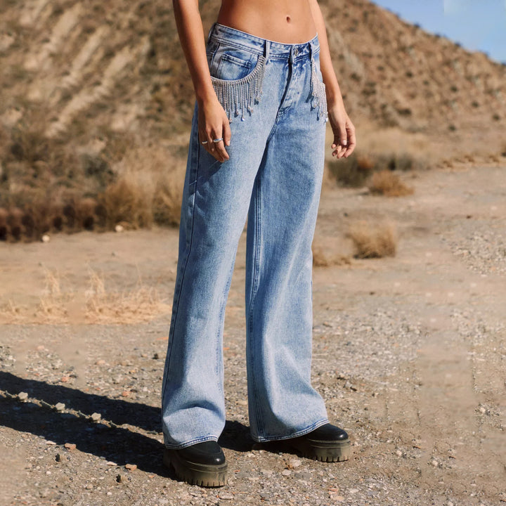 Women High-Waisted Wide Leg Jeans with Subtle Distressing Lune London