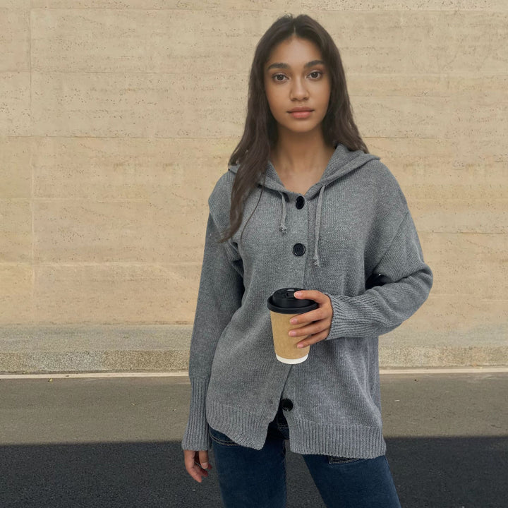 Casual knit cardigan for women with hood and large buttons Lune London