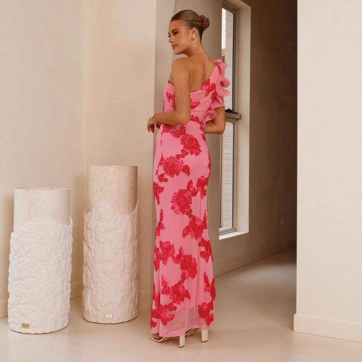 Women Elegant and form-fitting Maxi dress with asymmetrical strap and floral appliqués