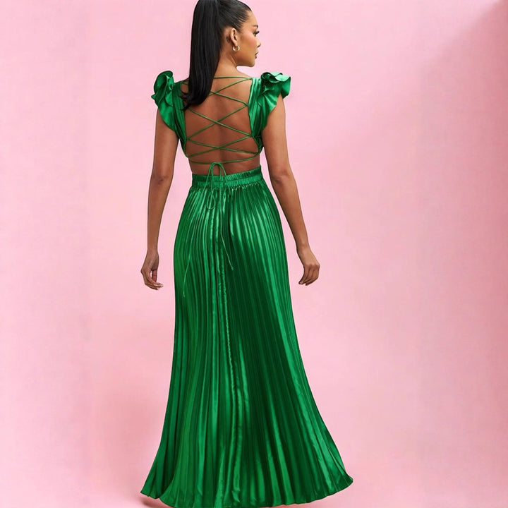 Elegant Women's Maxi Dress with Deep V Neckline and Chic Ruffle Details