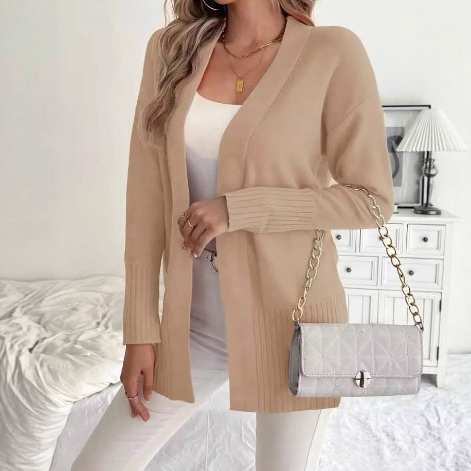 Ladies Long Knit Cardigan with fine ribbed details and a relaxed fit Lune London