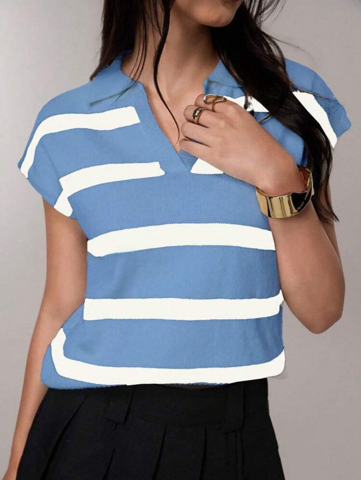 Women Short striped short sleeve sweater with polo collar Lune London