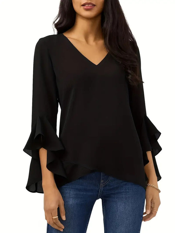 Women Elegant Blouse with Ruffle Details and Deep V-Neck Lune London
