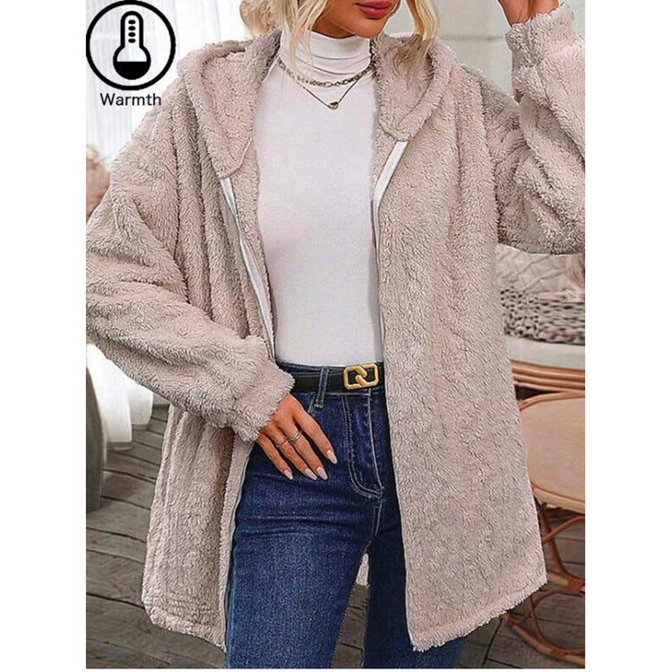 Women Plush Hooded Jacket with Deep Collar and Side Pockets Lune London