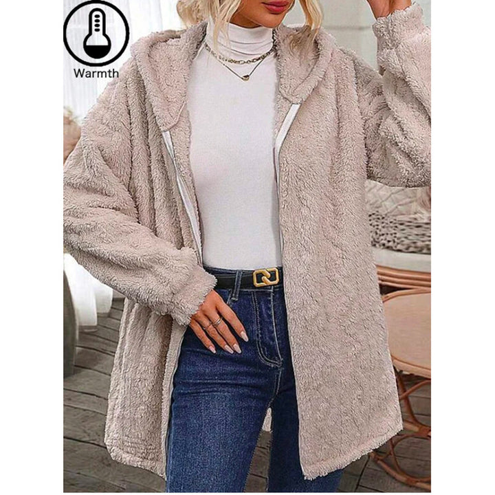 Women Plush Hooded Jacket with Deep Collar and Side Pockets Lune London
