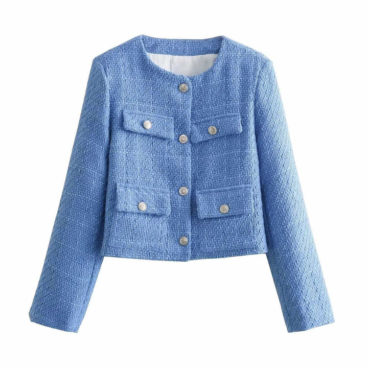 Fashionable tweed jacket for women with golden buttons and practical pockets Lune London