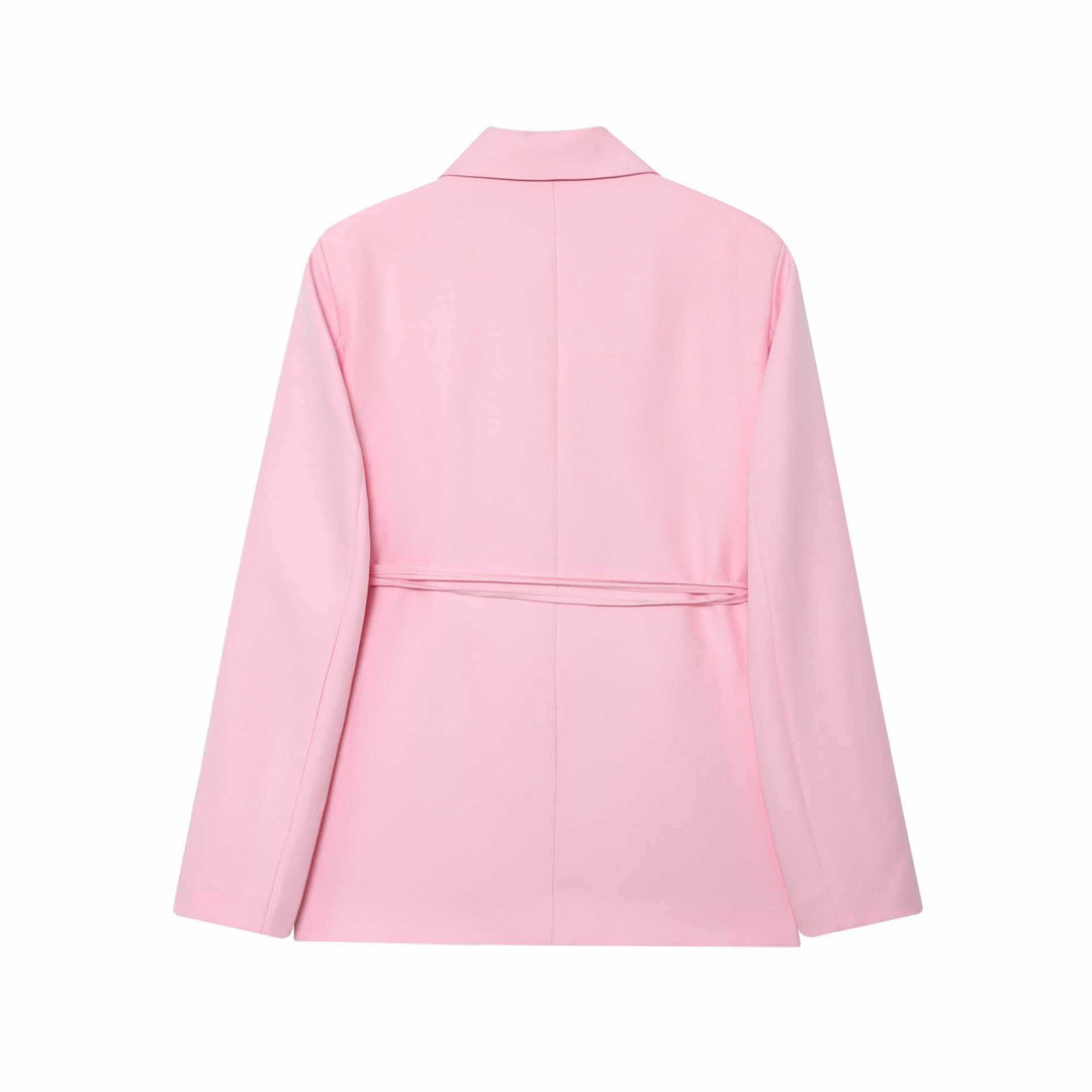 Ladies elegant blazer with attached decorative belt and floral accents Lune London