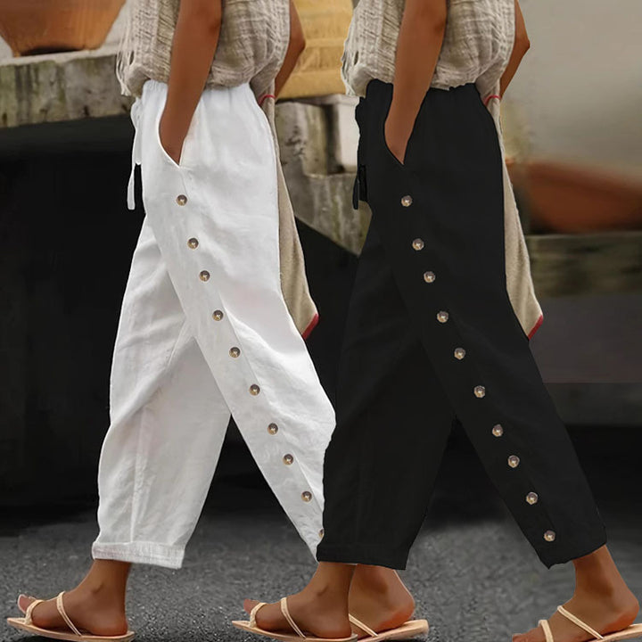 Lune London Women's trendy palazzo pants with button details and elastic waist