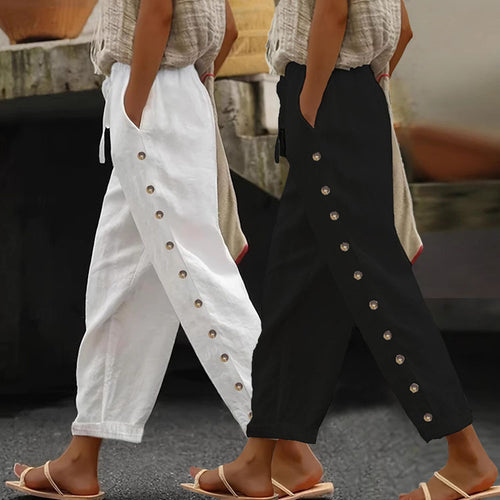 Lune London Women's trendy palazzo pants with button details and elastic waist