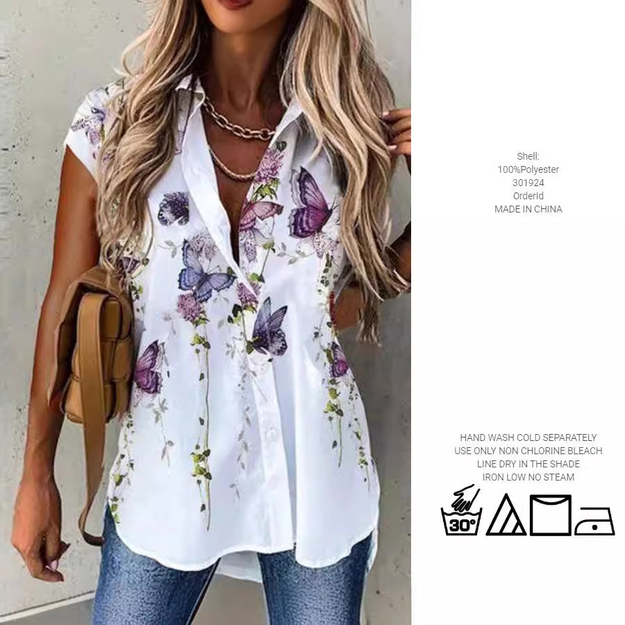 Short sleeve blouse for women with floral pattern and button placket Lune London