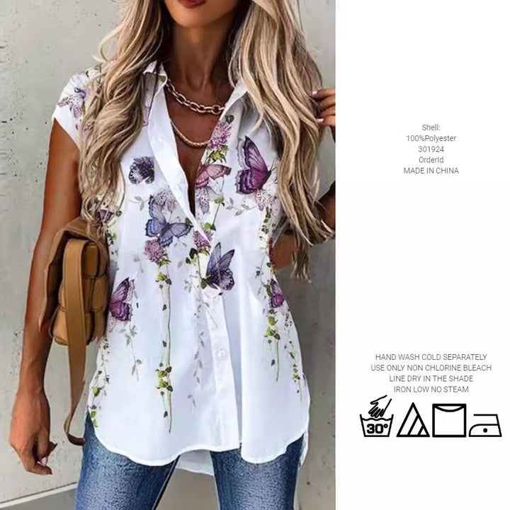 Short sleeve blouse for women with floral pattern and button placket Lune London