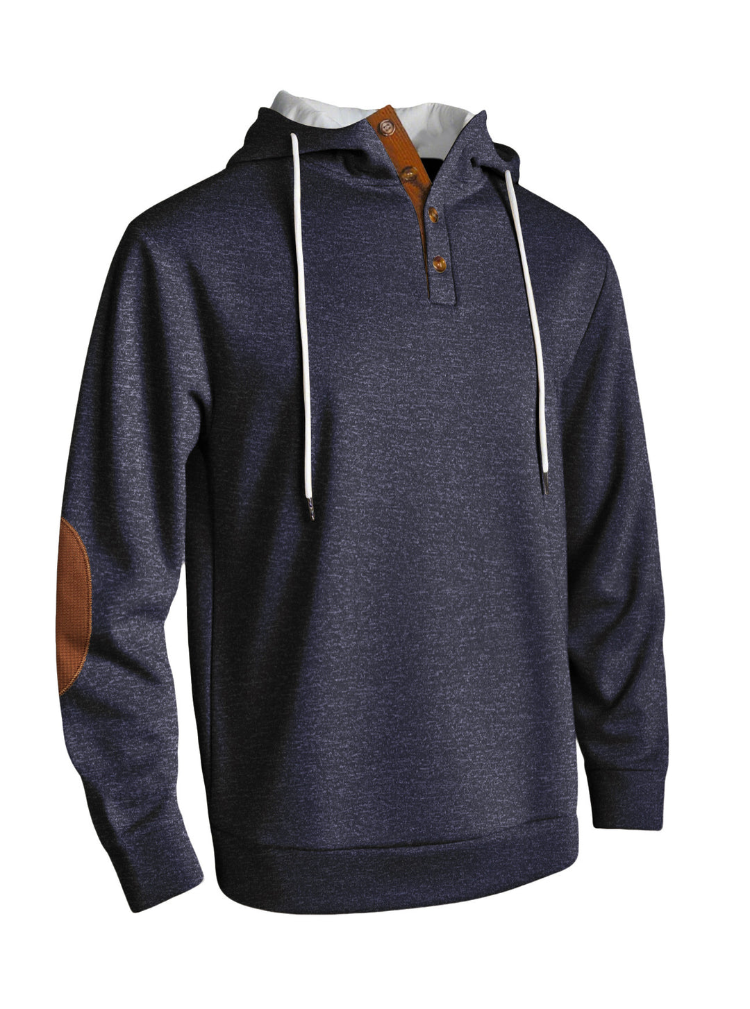 Hooded man with modern design of button placket and elbow patches Lune London