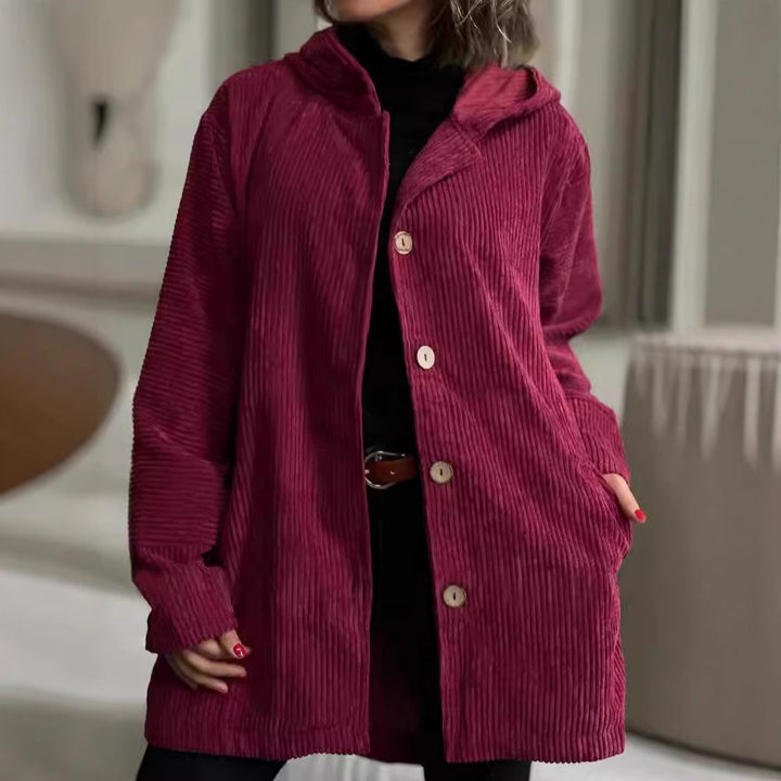 Ladies Fleece-Hoodie-Coat with button placket and ribbed design Lune London