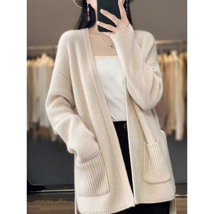 Women comfortable knit coat with belted waist and pockets Lune London