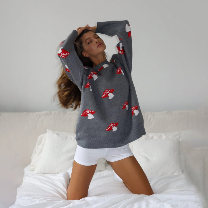 Knitted sweater for ladies with playful mushroom pattern Lune London